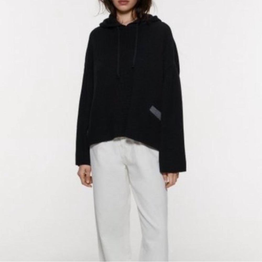 NWOT Zara black ribbed chunky knit oversized drawstring hoodie sweater